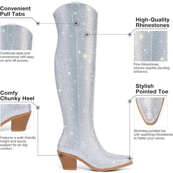 Women's Silver Rhinestone Sparkly Over Knee Pointed Toe Chunky High Heel Boots - Picture 4 of 8